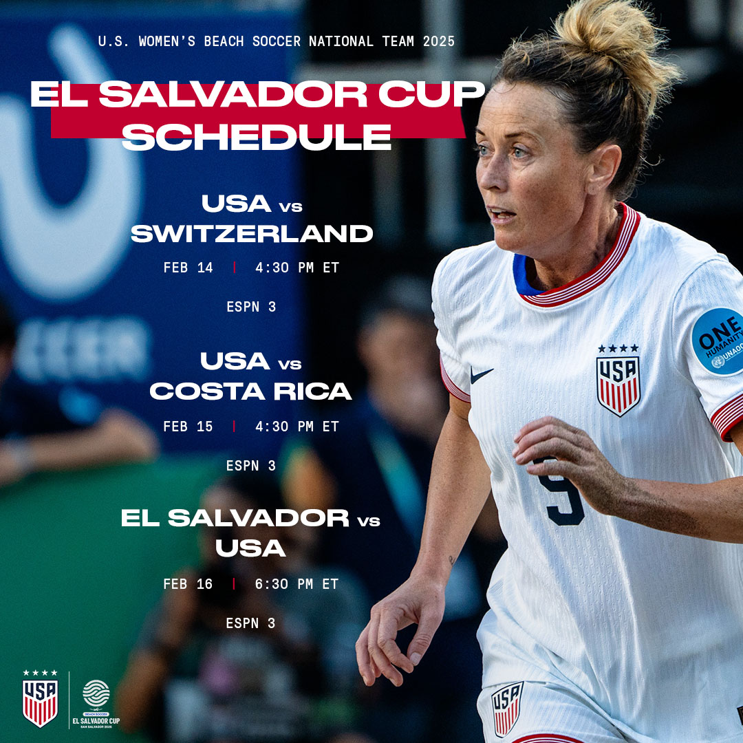 ussoccer_ENT's tweet photo. Mark your calendars 📆

The #USbeachWNT will take on Switzerland, Costa Rica, and El Salvador at the El Salvador Cup from Feb 14-16. Watch live on @espn 3! https://t.co/I5VrMiPb0X
