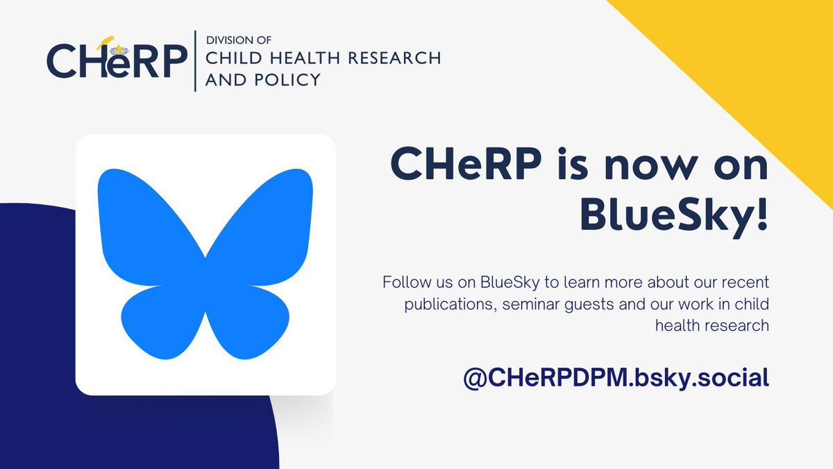 The Division of #ChildHealth #Research and #Policy (CHeRP) is now on BlueSky! Follow us to learn more about our recent work, guest speakers and published articles! 

For more info on our work, visit: buff.ly/3xsWq7z