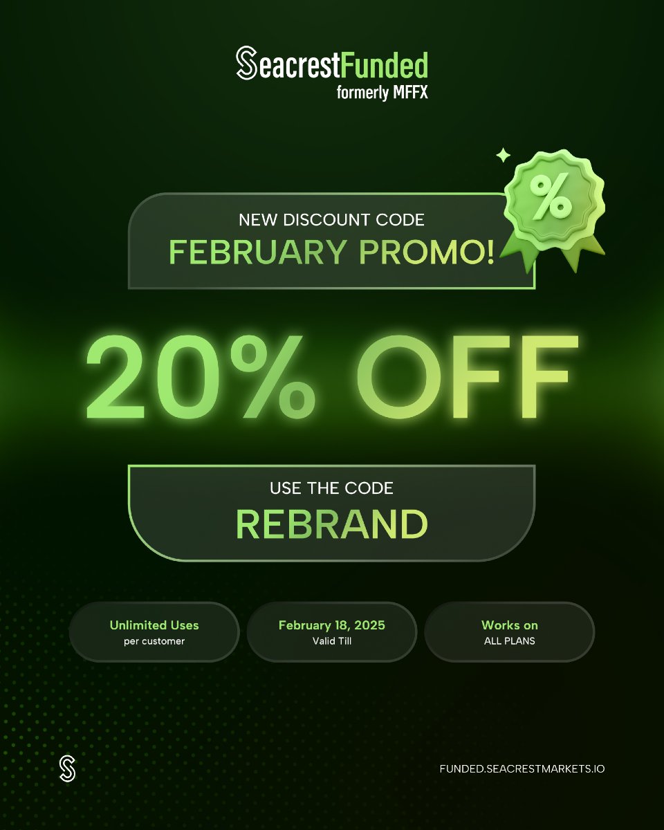 20% OFF Promotion:

- Unlimited uses per customer
- Works on all plans
- Valid till February 18, 2025

Use code: REBRAND

funded.seacrestmarkets.io