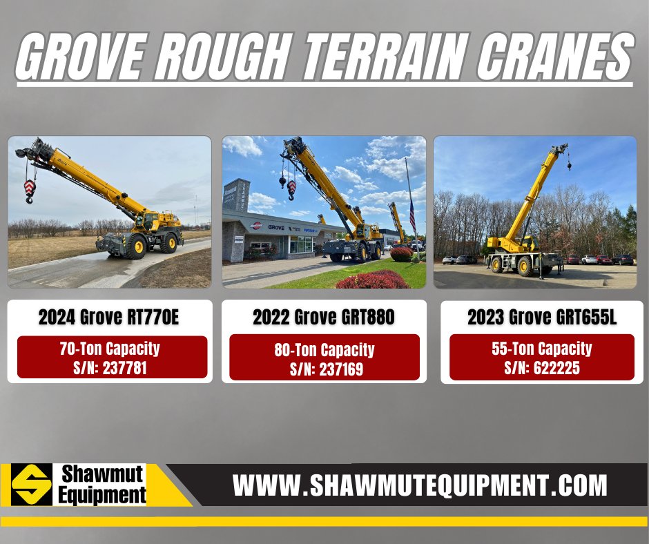 ShawmutEquip's tweet photo. Grove Rough Terrains in Stock at Shawmut Equipment!

#Cranes #craneservice #GroveCranes https://t.co/LxPqgo78JW
