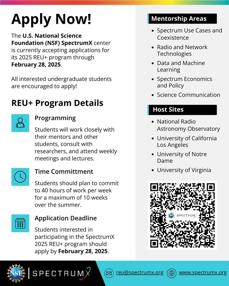 SpectrumXCenter (@spectrumxcenter) on Twitter photo The registration deadline for the U.S. National Science Foundation (<a href="/NSF/">U.S. National Science Foundation</a>) SpectrumX's 2025 Research Experience for Undergraduates (REU+) program has been extended to February 28!
Visit the <a href="/SpectrumXCenter/">SpectrumXCenter</a> website for more information and to apply: spectrumx.org The registration deadline for the U.S. National Science Foundation (<a href="/NSF/">U.S. National Science Foundation</a>) SpectrumX's 2025 Research Experience for Undergraduates (REU+) program has been extended to February 28!
Visit the <a href="/SpectrumXCenter/">SpectrumXCenter</a> website for more information and to apply: spectrumx.org