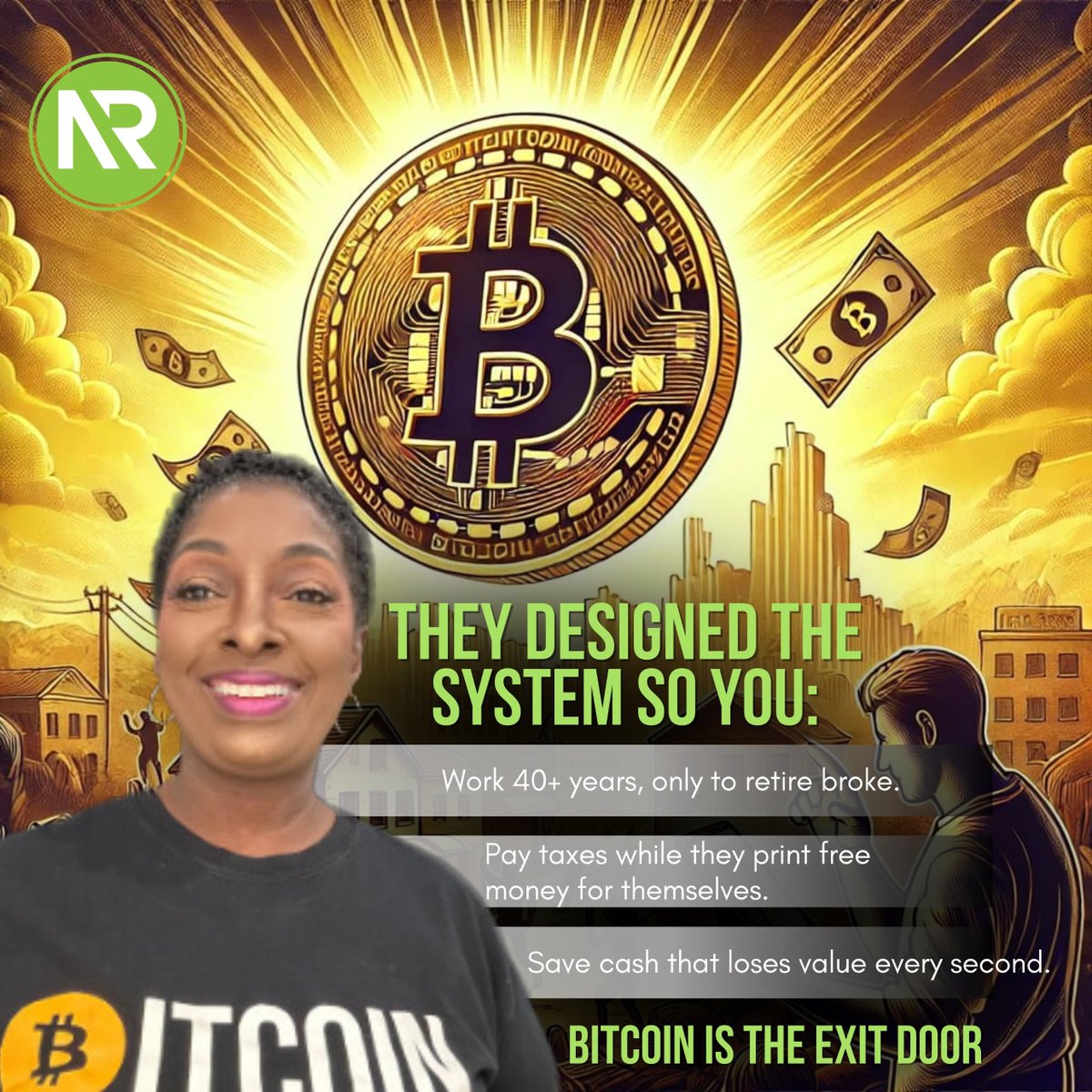 NajahRoberts's tweet photo. They built a system where you work for decades, yet retire with nothing.
They print money for themselves, while you pay the price.
Saving cash? Itβs a slow-motion robbery.
π Bitcoin is your way out.
Learn it, own it, secure your future.
.
#queenofcrypto https://t.co/lzkYtt9HLw