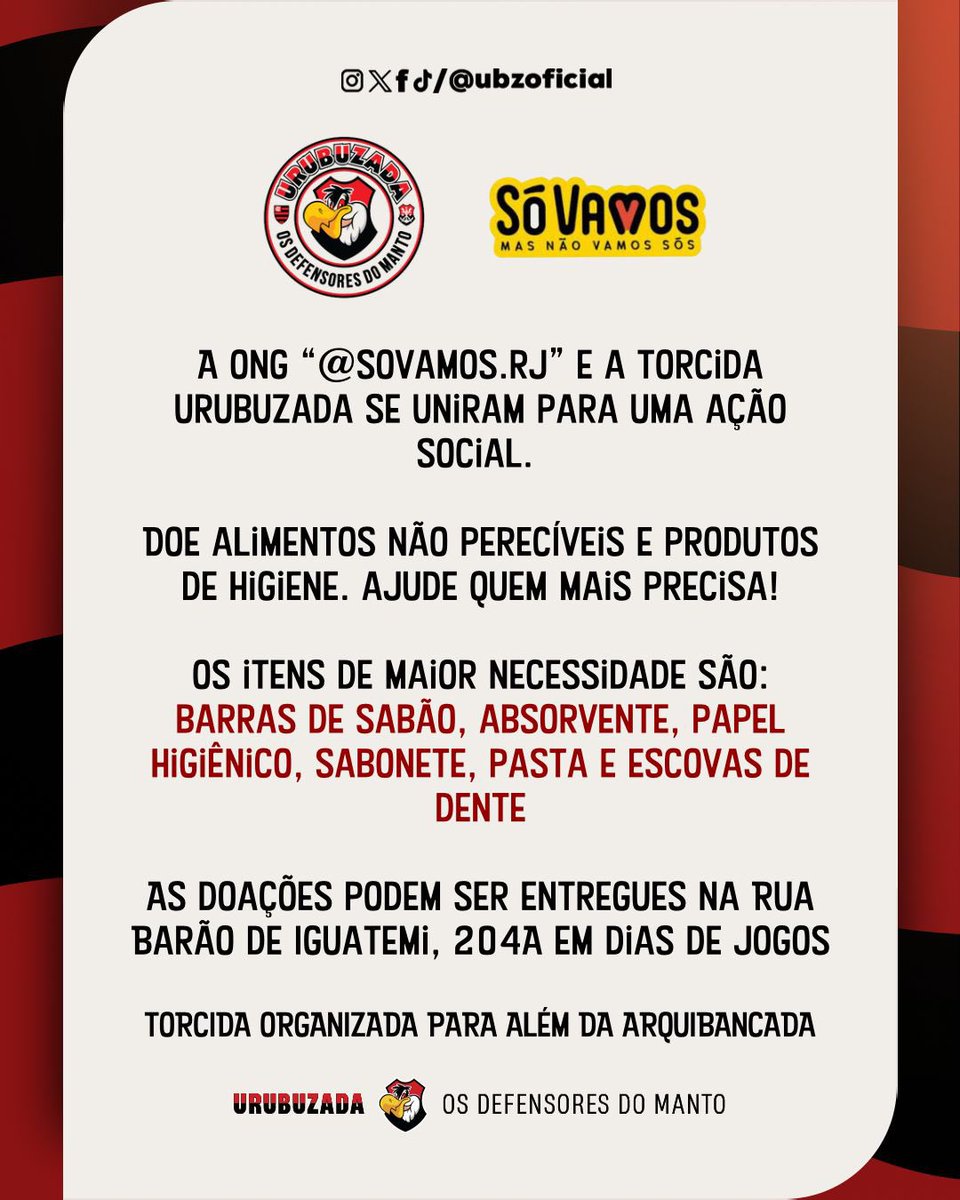 A Torcida Urubuzada tem o prazer de anunciar sua primeira ação social da temporada! Nos unimos à ONG <a href="/sovamos/">JOSE CRALOS CHAGAS P</a>.rj, que faz um trabalho incrível ajudando pessoas em situação de vulnerabilidade social na região central do Rio. Nossa sede será um ponto de arrecadação de alimentos não