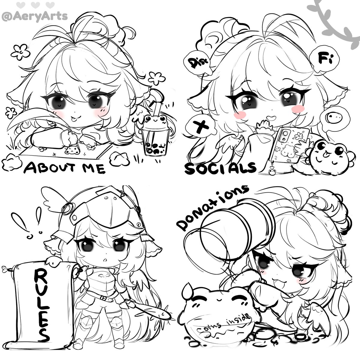 AeryArts's tweet image. Today after I'm free (at night) I will stream for the first time in my life and I am very anxious, but I will give it a try  🥲
I will be drawing my cute panels for Twitch. Here is a peek of sketches! 💚