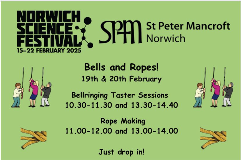 If you’re looking for something during half term come and see how bell ropes are made and try bellringing. 
Did you know the first peal was rung at St Peter Mancroft in Norwich on 2nd May 1715. 
Bellringing is huge fun and appeals to those who enjoy numbers and puzzles.