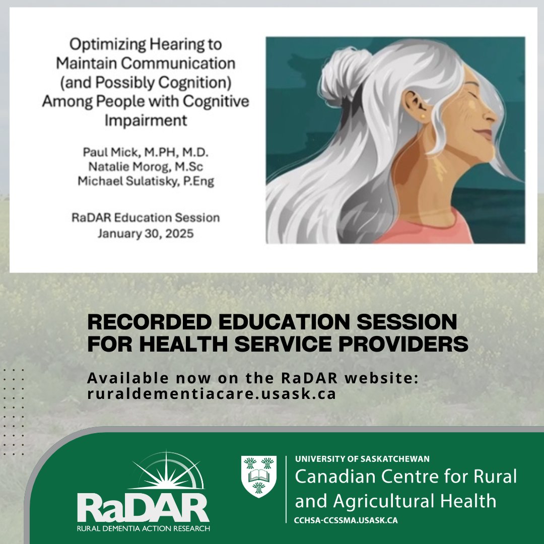 RaDAR (@radar_usask) on Twitter photo Dr. Paul Mick and team presented about Optimizing Hearing to Maintain Communication for the January, RaDAR-hosted online Education Session. Access the recording now on our website cchsa-ccssma.usask.ca/ruraldementiac… <a href="/USaskCCRAH/">Canadian Centre for Rural and Agricultural Health</a> <a href="/USaskHealthSc/">USask Health Sciences</a> <a href="/USaskMed/">USask Medicine</a> Dr. Paul Mick and team presented about Optimizing Hearing to Maintain Communication for the January, RaDAR-hosted online Education Session. Access the recording now on our website cchsa-ccssma.usask.ca/ruraldementiac… <a href="/USaskCCRAH/">Canadian Centre for Rural and Agricultural Health</a> <a href="/USaskHealthSc/">USask Health Sciences</a> <a href="/USaskMed/">USask Medicine</a>