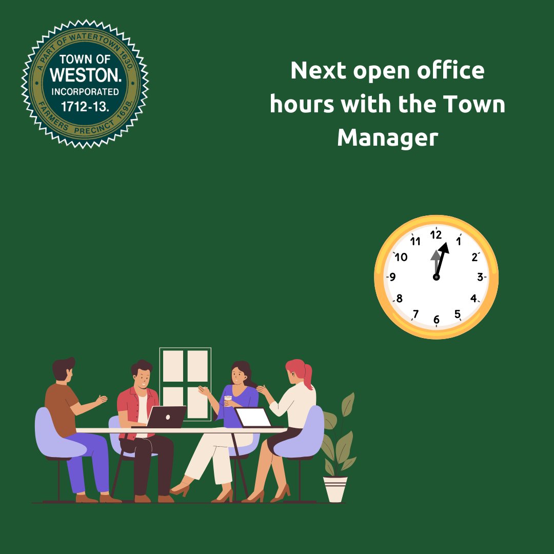 Town_of_Weston's tweet image. 📢REMINDER: Don&apos;t forget to stop by the Brook School Apartments community room in Building C today from 2:00 - 3:30pm to meet with the Town Manager during his open hours! 🏢 #CommunityEngagement #TownManager #OpenHours