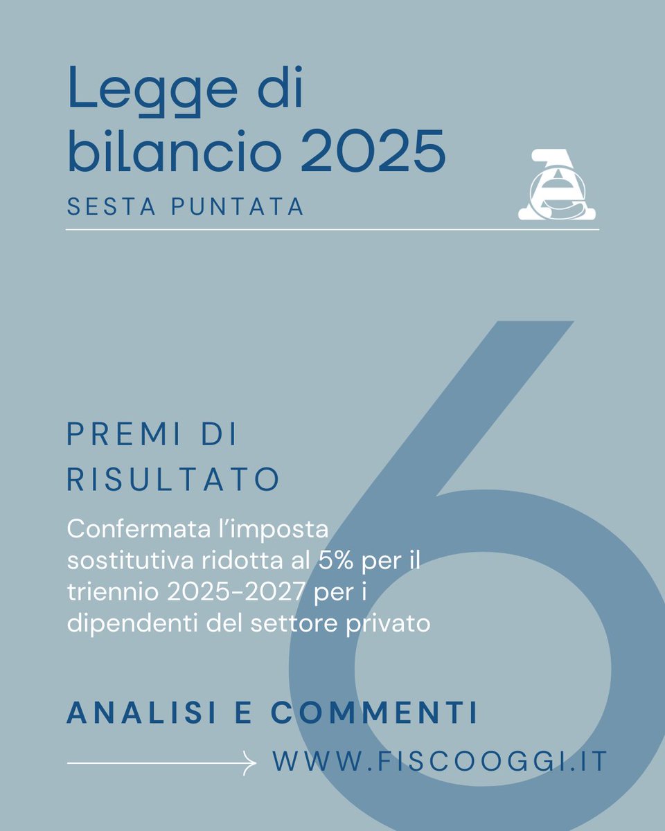 Agenzia_Entrate's tweet image. La #LeggediBilancio 2025 ha confermato la tassazione agevolata al 5% su #premi di risultato e partecipazioni agli #utili d’impresa fino a 3mila euro. 
I dettagli nell’articolo di #FiscoOggi 👉 tinyurl.com/43ejwbjw