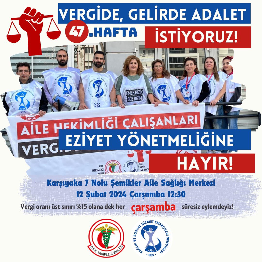İZMİR

Vergi kesintilerinin yıl içinde sabit kalmasını ve kesinti oranının en fazla %15 ile sınırlanmasını istiyoruz.

#EziyetYönetmeliği’nin iptal edilmesini ve ilan ettiğimiz taleplerin karşılanmasını istiyoruz.