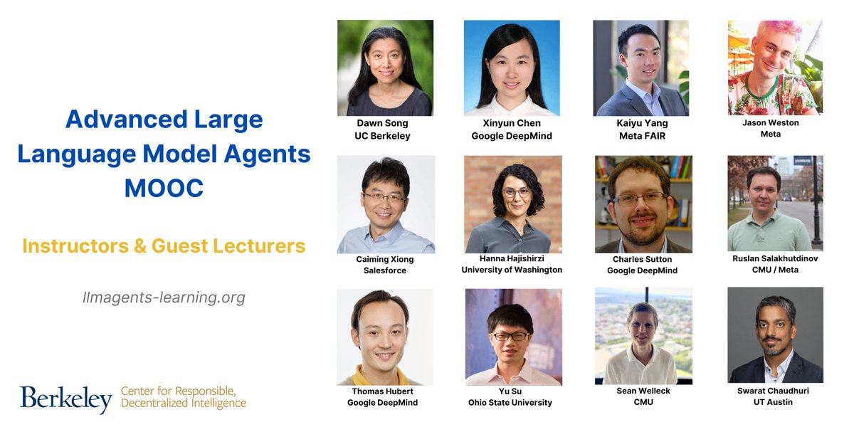 Really excited to announce our Advanced LLM Agents MOOC (Spring 2025)!
Building on the success of our LLM Agents MOOC from Fall 2024 (15K+ registered learners, ~9K Discord members, 200K+ lecture views on YouTube), we are excited to extend the MOOC this semester to cover some more