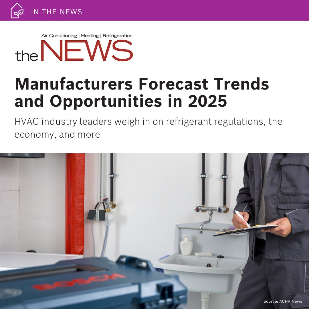 BoschHC_US's tweet photo. From the rollout of new A2L-equipped solutions to a residential market that’s heating up, 2025 has a lot in store for the HVAC industry.

We connected with @achrnews to explore trends and opportunities Bosch is anticipating for the year ahead — read here: https://t.co/FShztkT22C https://t.co/EYce38fFMn