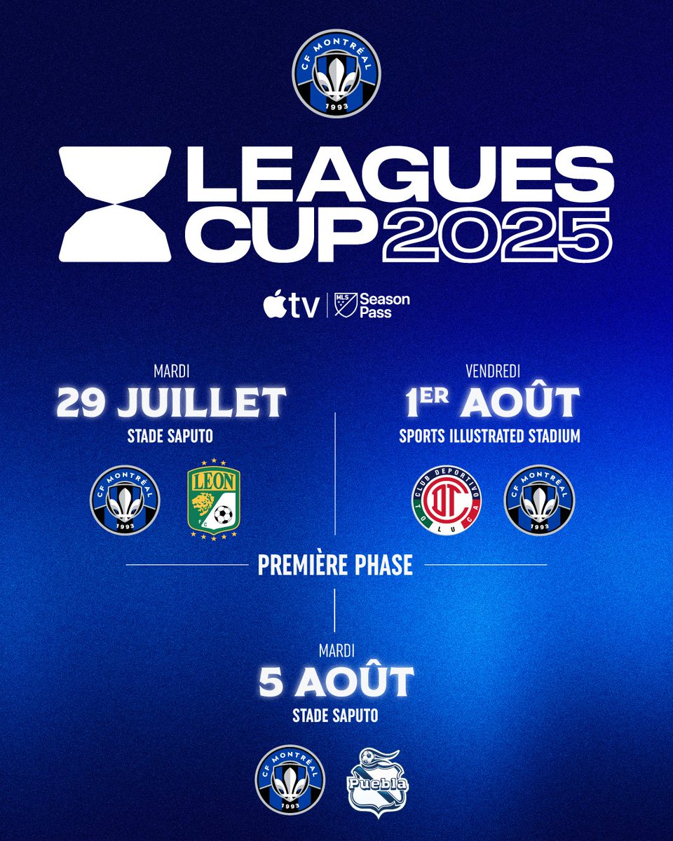 L'horaire de la <a href="/LeaguesCup/">Leagues Cup</a> est arrivé &gt;&gt;&gt; tinyurl.com/LeaguesCup25

The Leagues Cup schedule is here &gt;&gt;&gt; tinyurl.com/LeaguesCup25en

2⃣9⃣ juillet v <a href="/clubleonfc/">Club León</a> 🇲🇽 - Stade Saputo
1⃣er août v <a href="/TolucaFC/">Toluca FC</a> 🇲🇽  - Sports Illustrated Stadium
5⃣ août v <a href="/ClubPueblaMX/">Club Puebla🎽</a> 🇲🇽 - Stade Saputo

#CFMTL