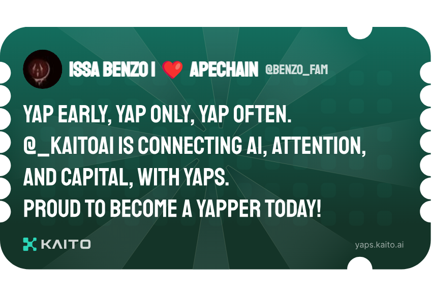 Yap early, yap only, yap often.

@_kaitoai is connecting AI, attention and capital with Yaps.

Just claimed my social card and I'm accumulating Yap points in real-time.

Claim yours 👉 yaps.kaito.ai/referral/14661…