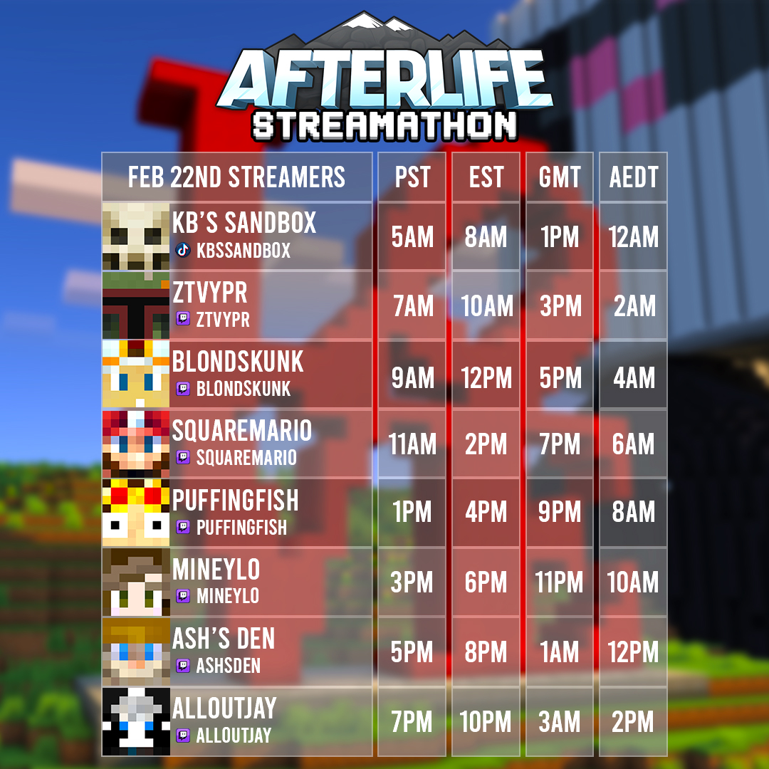 🚨 Mark your calendars!

The AfterLife SMP Streamathon is set for February 22nd, and this one’s BIGGER than ever! Don’t miss the action, catch your favorite members LIVE and be part of the fun. Who’s watching the whole thing? 👀

#Minecraft #MinecraftSMP #MinecraftServer