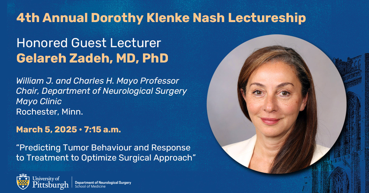 Pitt Neurosurgery (@pittneurosurg) on Twitter photo Gelareh Zadeh—chair of the Mayo Clinic Dept of Neurosurgery in Rochester, Minn.—has been named the honored guest speaker for the 2025 Dorothy Klenke Nash Lectureship at the University of Pittsburgh. neurosurgery.pitt.edu/news/gelareh-z… <a href="/gelarehzadeh/">gelareh-zadeh</a> <a href="/MayoClinic/">Mayo Clinic</a> <a href="/MayoClinicNeuro/">Mayo Clinic Neuro</a> <a href="/WomenInNSGY/">Women In Neurosurgery (WINS)</a> Gelareh Zadeh—chair of the Mayo Clinic Dept of Neurosurgery in Rochester, Minn.—has been named the honored guest speaker for the 2025 Dorothy Klenke Nash Lectureship at the University of Pittsburgh. neurosurgery.pitt.edu/news/gelareh-z… <a href="/gelarehzadeh/">gelareh-zadeh</a> <a href="/MayoClinic/">Mayo Clinic</a> <a href="/MayoClinicNeuro/">Mayo Clinic Neuro</a> <a href="/WomenInNSGY/">Women In Neurosurgery (WINS)</a>