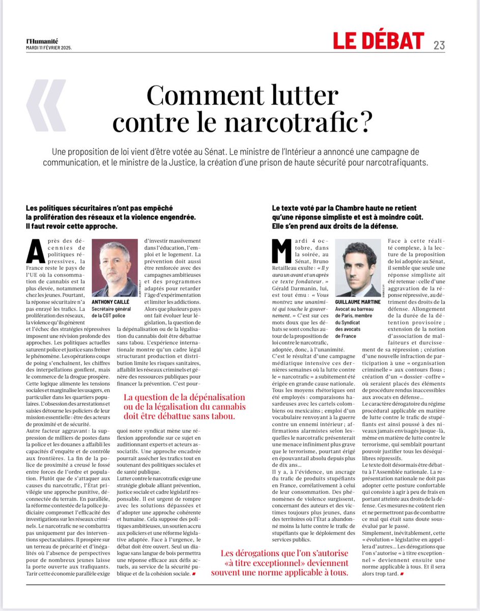 « Face à cette réalité complexe, (…) il semble que seule une réponse simpliste ait été retenue : celle d’une aggravation de la réponse répressive, au détriment des droits de la défense. »

Ma tribune pour le <a href="/syndicatavocats/">Le SAF</a> sur la PPL narcotrafic, à retrouver dans <a href="/humanite_fr/">L'Humanité</a>