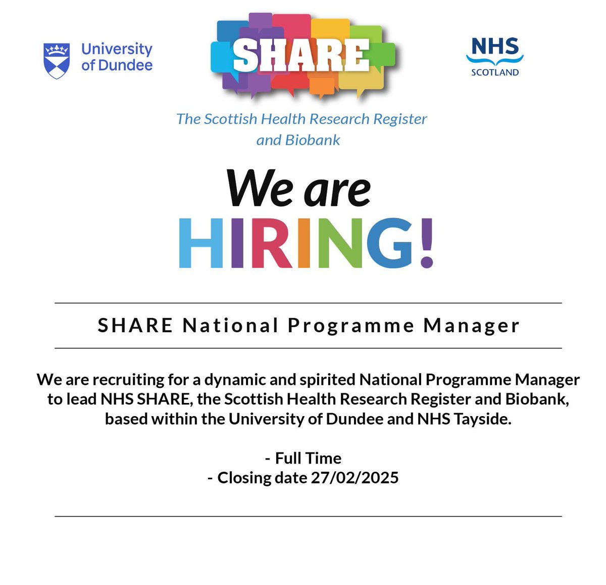 The Scottish Health Research Register & Biobank (@register4share) on Twitter photo SHARE is recruiting!
NHS SHARE are looking for a dynamic national programme manager with at least 5 years experience in project management to help us reach 1 million registered Scots.
Apply now: dundee.ac.uk/work-for-us/joā¦
<a href="/NHSResearchScot/">NHS Research Scotland</a>
<a href="/DundeeUniJobs/">Dundee Uni Jobs</a> SHARE is recruiting!
NHS SHARE are looking for a dynamic national programme manager with at least 5 years experience in project management to help us reach 1 million registered Scots.
Apply now: dundee.ac.uk/work-for-us/joā¦
<a href="/NHSResearchScot/">NHS Research Scotland</a>
<a href="/DundeeUniJobs/">Dundee Uni Jobs</a>