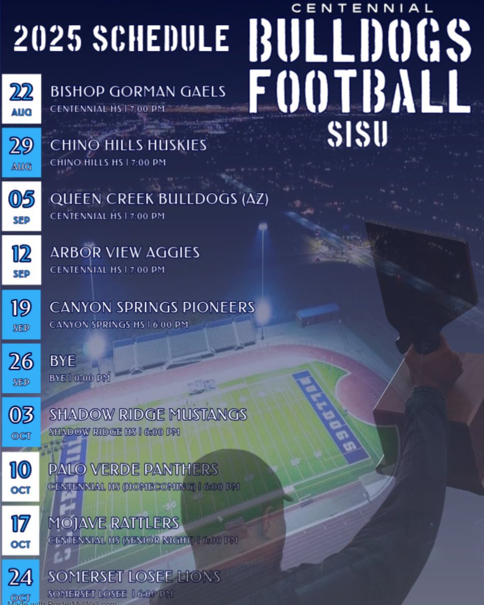 🔥2025 CENTENNIAL BULLDOGS🔥
                    Schedule is set! 
#3Peat #SISU #EarnIt <a href="/LVCen10Football/">LVCen10Football</a> <a href="/CoachBeauW/">Beau Worpell</a> <a href="/christoph_codes/">christoph_codes</a> <a href="/702HSFB/">702 HSFB</a> <a href="/nevadapreps/">Nevada Preps</a> <a href="/raybrewer21/">Raymond Brewer</a> <a href="/AlexWright1028/">Alex Wright</a> @JoeArrigo_ISG