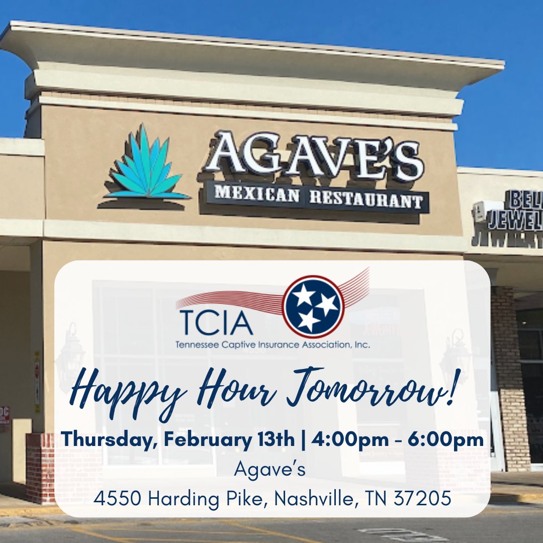 Get ready for a delightful Thursday evening TOMORROW, February 13th, at Agave's as we host our Happy Hour from 4:00 pm to 6:00 pm CDT. Located at 4550 Harding Pike, Nashville, TN 37205, this event welcomes members and their guests. RSVP to help us prepare: tncaptives.org/event-6042564