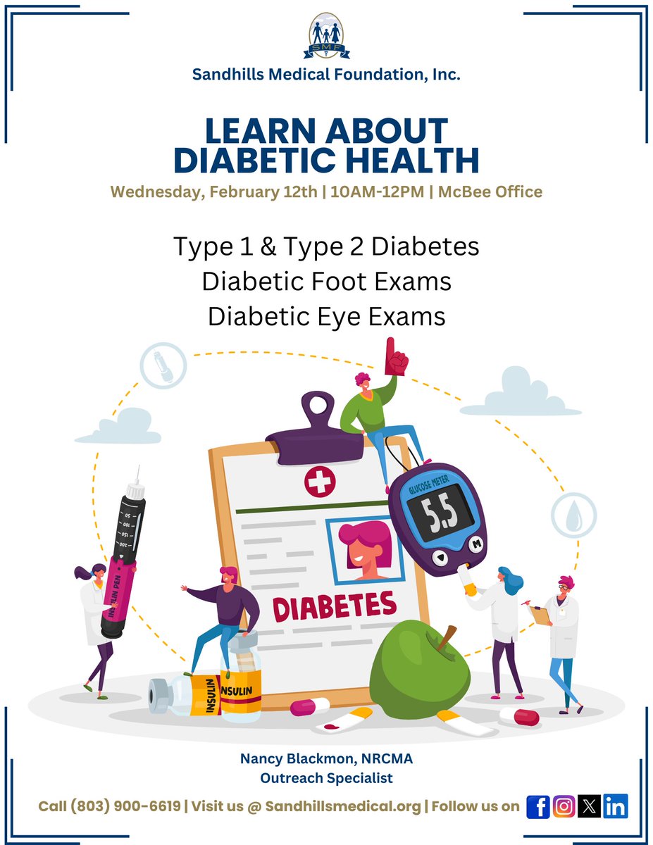 SandhillsMed's tweet photo. Join us tomorrow, February 12th, from 10AM to 12PM at our McBee office for Diabetic education and free Medicaid application assistance! #ValueCHCs #onesandhills #Diabeticeducation https://t.co/zW7yL8Ba5F