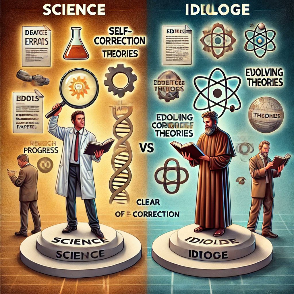 الفرق بين المؤسسات العلمية والمؤسسات الأيديولوجية، خاصة في طريقة تعامل كل منهما مع الأخطاء والتصحيح الذاتي

المؤسسات العلمية:

تعتمد على آليات تصحيح ذاتي قوية، مما يسمح لها بمراجعة نفسها والاعتراف بأخطائها وتحديث معلوماتها حينما تظهر أدلة جديدة. حتى عندما يعتقد غالبية العلماء في