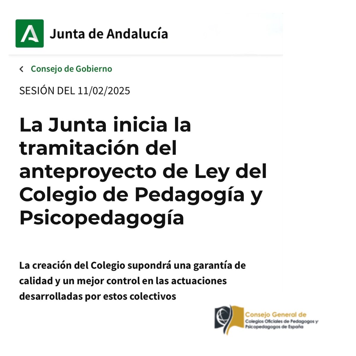 🟠ÚLTIMAS NOTICIAS🔝
Enhorabuena a la asociación Pro-Colegio Oficial de #Pedagogía y #Psicopedagogía de #Andalucía y delegación en Andalucía del Consejo General de Colegios Oficiales de #Pedagogos y #Psicopedagogos
Una gran noticia que nos une a todos.
🔗 cgcopyp.org/index.php/arch…