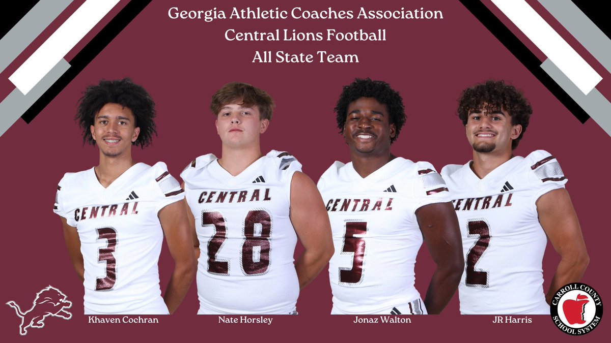 Central Football (@lionstrongfb) on Twitter photo Congratulations to our <a href="/GACACoaches/">Georgia Athletic Coaches Association</a> All State Selections! It is a great honor to be selected as an “All State” player and to join the legacy of All State Central Lions!
<a href="/CochranKhaven/">Khaven Cochran</a>
<a href="/nate_horsley52/">Nate Horsley</a>
<a href="/JonazWalton/">Jonaz Walton</a>
<a href="/JRobHarris2/">JR Harris 2027 QB</a>
Go Lions! 🧱 Congratulations to our <a href="/GACACoaches/">Georgia Athletic Coaches Association</a> All State Selections! It is a great honor to be selected as an “All State” player and to join the legacy of All State Central Lions!
<a href="/CochranKhaven/">Khaven Cochran</a>
<a href="/nate_horsley52/">Nate Horsley</a>
<a href="/JonazWalton/">Jonaz Walton</a>
<a href="/JRobHarris2/">JR Harris 2027 QB</a>
Go Lions! 🧱