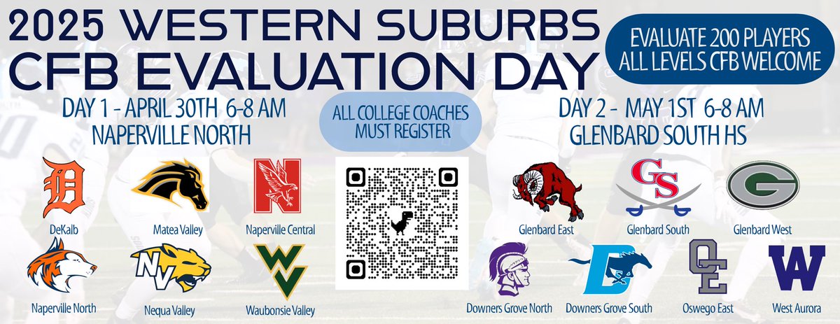 🚨🏈 Western Suburbs Evaluation Days 🏈🚨

College Coaches - You can evaluate 200 players in two days all before lunchtime!  Free event!

6-8AM both days
April 30 - Naperville North
May 1 - Glenbard South

Register here⬇️⬇️⬇️
docs.google.com/forms/u/1/d/e/…