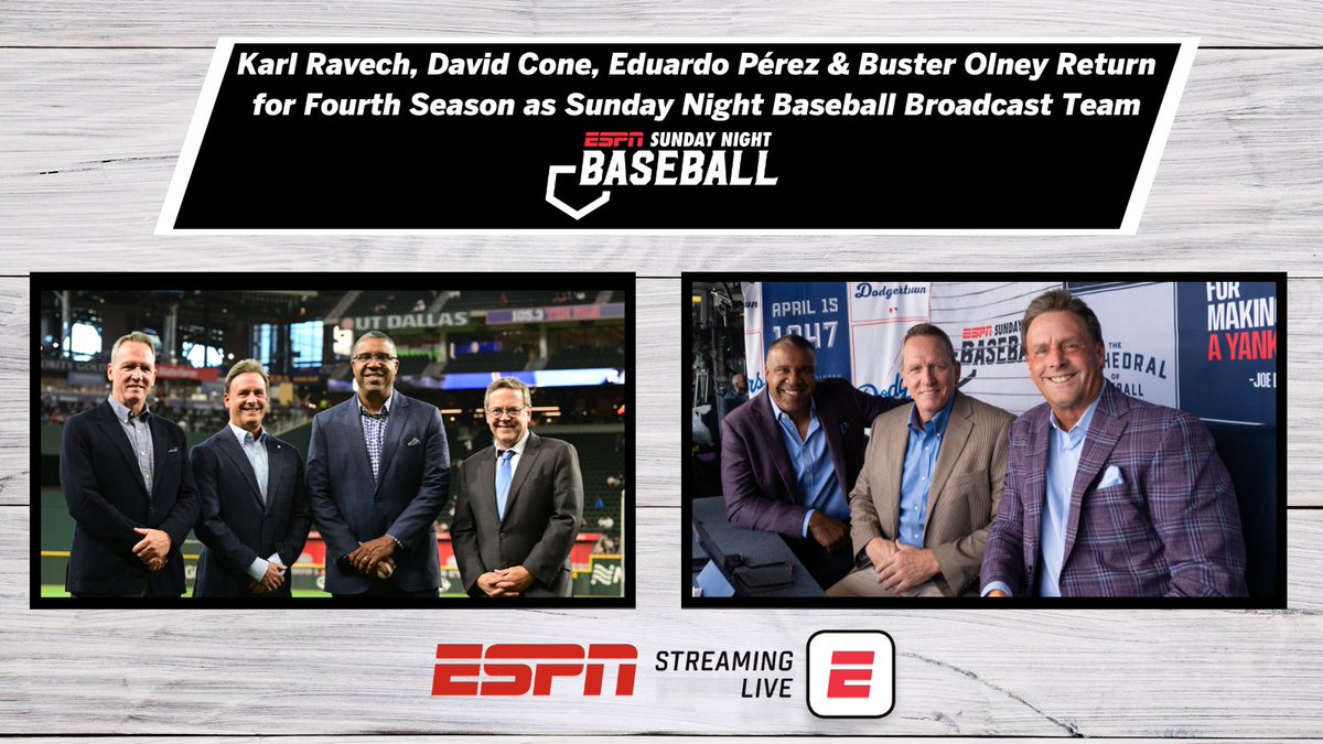 ESPN’s Sunday Night Baseball team is back for 2025!

Karl Ravech, David Cone, Eduardo Pérez &amp; Buster Olney return for their 4th season together

Full coverage plans: bit.ly/4aUnhwu
