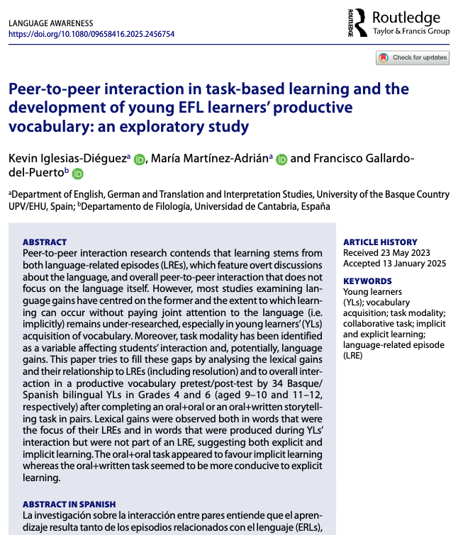 How do young #bilinguals learn new words through peer interaction? A study with Basque/Spanish children finds both explicit and implicit learning contribute to vocabulary gains. Oral+oral favours implicit learning, while oral+written supports explicit learning. #vocabulary