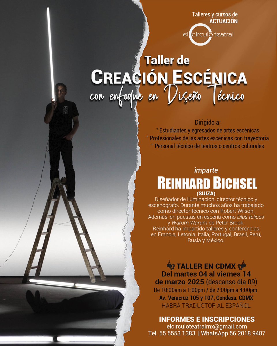 📣 Gran oportunidad para asistir a un taller con Reinhard Bichsel (Suiza), reconocido iluminador, escenógrafo y director técnico. Grandes colaboraciones con Robert Wilson, Peter Brook. 

• TALLER EN CDMX •
Del 04 al 14 de marzo 
Informes e inscripciones 
WhatsApp 56 2018 9487