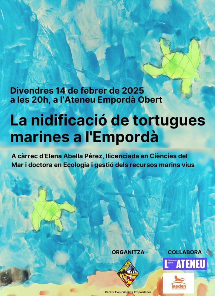 🐢LA NIDIFICACIÓ DE TORTUGUES MARINES A L'EMPORDÀ
📆Divendres 14 de febrer, 20 h
📍Ateneu Empordà Obert

👉🏽A càrrec d'Elena Abella Pérez, llicenciada en Ciències del Mar i doctora en Ecologia i gestió de recursos marins vius.