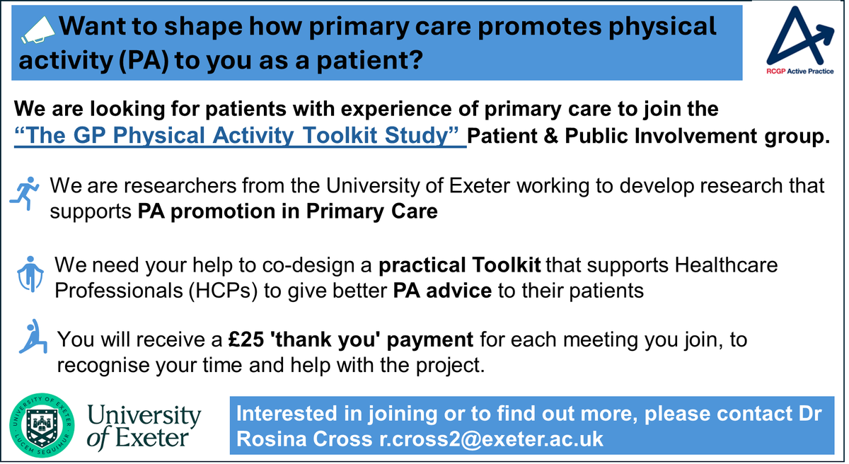 We need people &amp; patients with experience of primary care to join our "GP Physical Activity Toolkit" Patient &amp; Public Involvement (PPI) group!
Help shape a resource for GPs to better promote PA. Email r.cross2@exeter for more info!
#PPI #Healthcare #PhysicalActivity