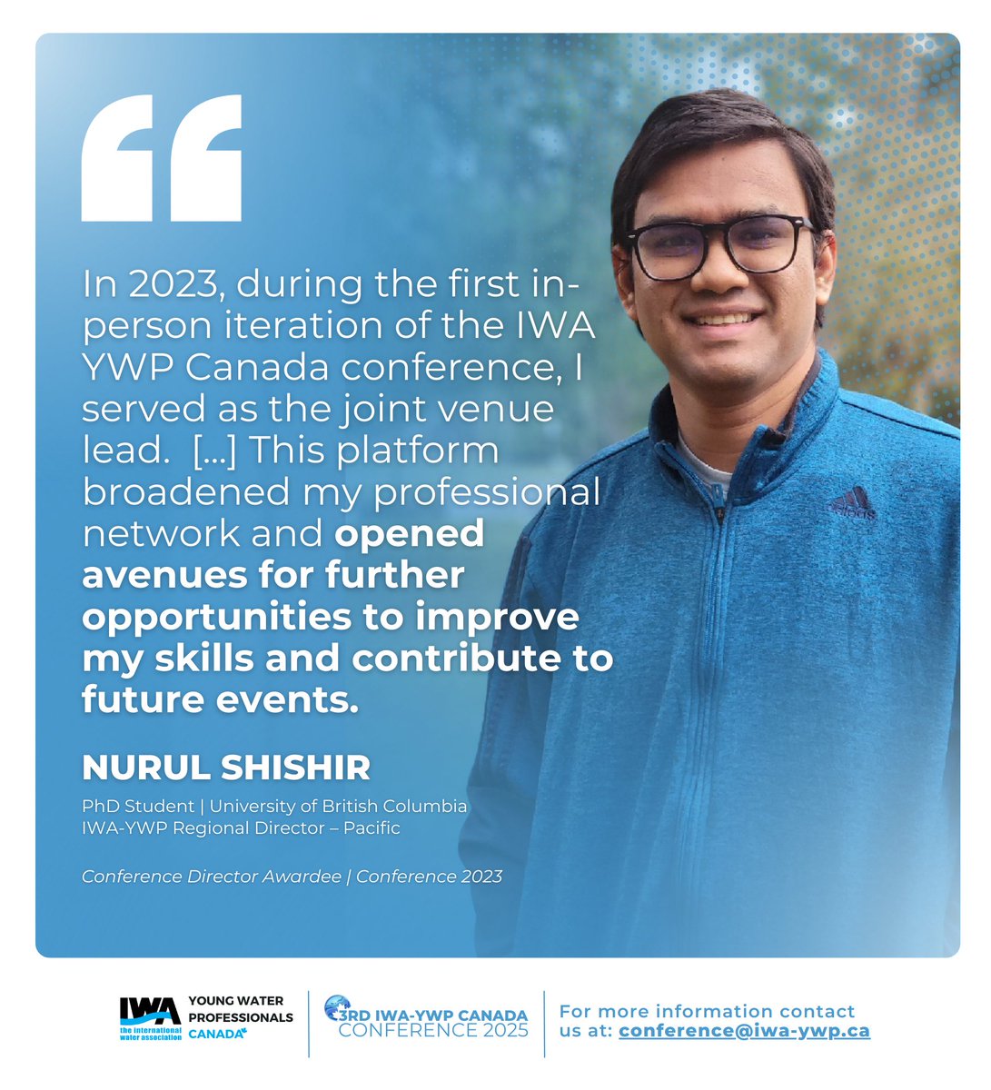Ever wondered what it’s like to be part of the IWA YWP Canada conference? Check out the response of Md Nurul Afcher Shishir here: tinyurl.com/Shishir25

Register now for the conference: iwa-ywp.ca/registration-p…

📲 Connect with us: linktr.ee/ywp_canada

#Conference2025 #YWP