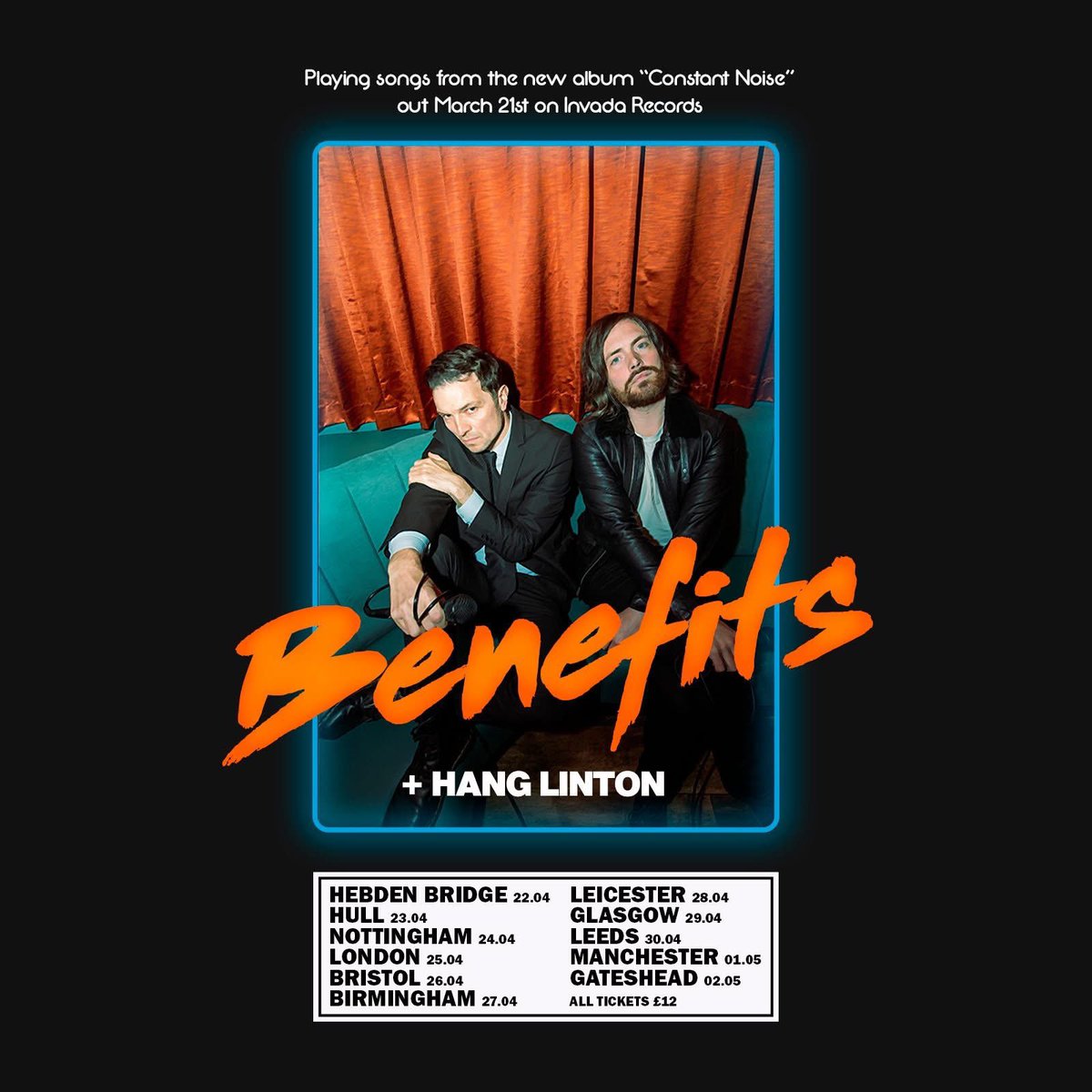 Delighted to announce that <a href="/Benefitstheband/">Benefits</a> have announced that <a href="/hang_linton/">𝐇𝐀𝐍𝐆 𝘭𝘪𝘯𝘵𝘰𝘯</a> will support them on all dates on the next tour. This includes the <a href="/socialhumberst/">Social</a> on Wednesday 23rd April. It’s the perfect fit. All finished by 10pm.£12. Hope you can join us.