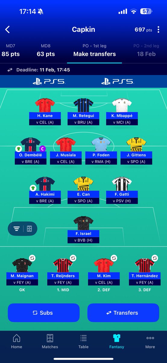 Capkin_FPL's tweet image. My Champion League fantasy football team set.