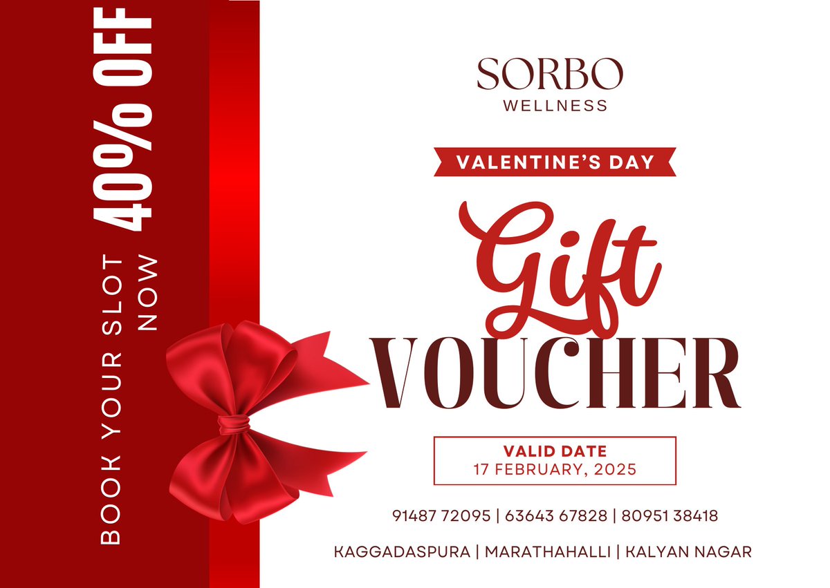sorbowellness's tweet photo. 🌹 This Valentine’s, Give the Gift of Relaxation! 🌹
🎁 Gift Voucher Holders Enjoy 40% OFF on All Therapies!
📍 Locations: Kaggadaspura | Marathahalli | Kalyan Nagar
📞 Call: 91487 72095 | 63643 67828 | 80951 38418
🌐 https://t.co/wbhjNxZ2dr
#ValentineSpaOffer #SorboWellness https://t.co/wLE5qfnKUm