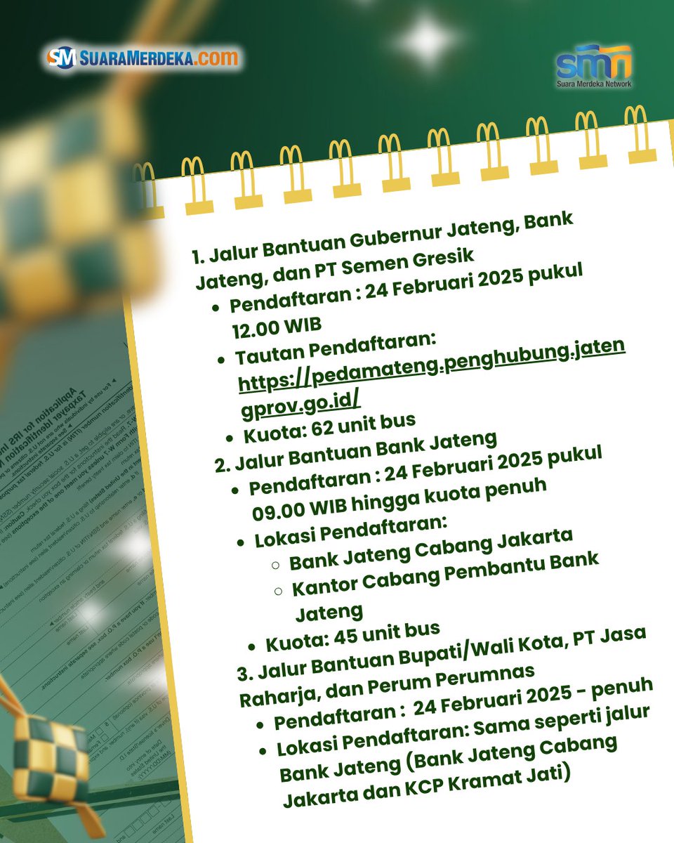 suaramerdeka's tweet photo. Moda transportasi yang disediakan mencakup bus dan kereta api.

https://t.co/I4wrvMSZCJ

#suaramerdeka #suaramerdekacom #promedia #mudik #mudikgatis #lebaran2025 #lebaran #jabodetabek #jawatengah #syarat #pendaftaran https://t.co/4KGE9BQhyQ
