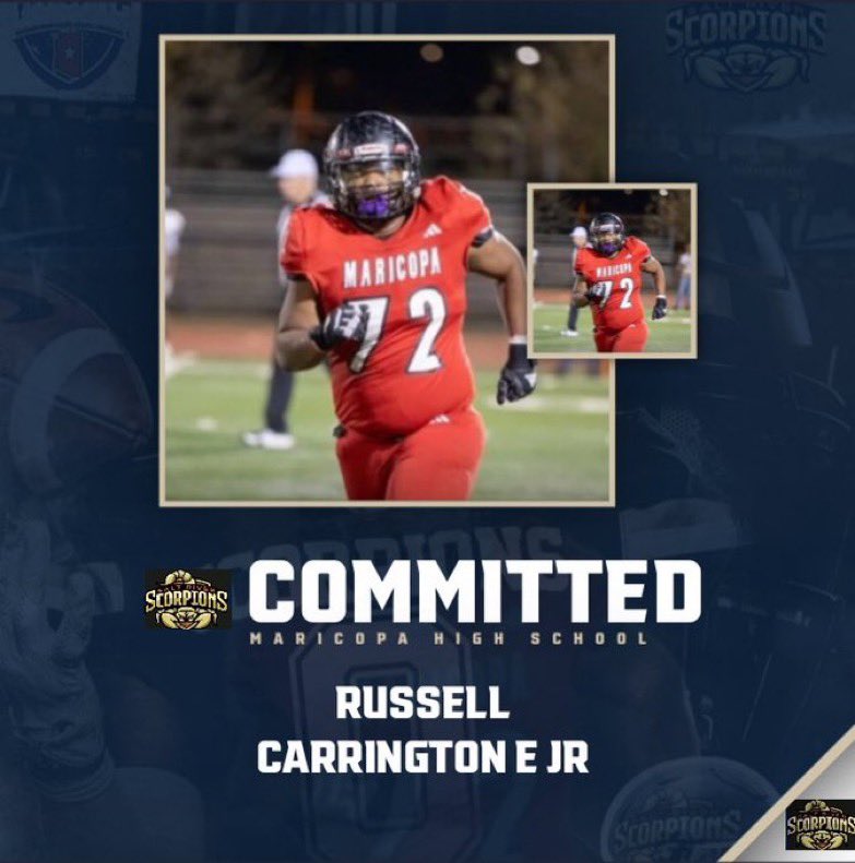 Russell Carrington E Jr (@russell_cjr) on Twitter photo After further thought i’vemade the decision to fully commit to <a href="/SaltRiverFB/">Salt River Scorpions JUCO Football</a> thank you to my coaches through out the years that helped me get here forever grateful and blessed #Agtg <a href="/CoachJackson824/">Tyrone Jackson</a> <a href="/CoachRob_Lewis/">Jordan Roberts- Lewis</a> <a href="/MaricopaHigh_FB/">Maricopa High Football</a> <a href="/stephannelson10/">Stephan Nelson</a> <a href="/SOAZFootball/">Southern Arizona Football</a> <a href="/TevinRutherford/">Tevin Rutherford</a> After further thought i’vemade the decision to fully commit to <a href="/SaltRiverFB/">Salt River Scorpions JUCO Football</a> thank you to my coaches through out the years that helped me get here forever grateful and blessed #Agtg <a href="/CoachJackson824/">Tyrone Jackson</a> <a href="/CoachRob_Lewis/">Jordan Roberts- Lewis</a> <a href="/MaricopaHigh_FB/">Maricopa High Football</a> <a href="/stephannelson10/">Stephan Nelson</a> <a href="/SOAZFootball/">Southern Arizona Football</a> <a href="/TevinRutherford/">Tevin Rutherford</a>