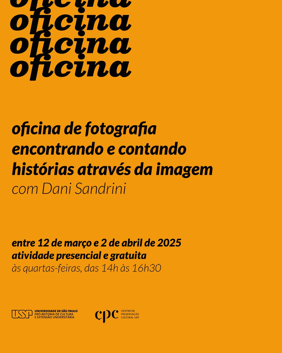 cpcusp's tweet photo. Oficina de fotografia - encontrando e contando histórias através da imagem

de 12/3 a 2/4
Inscrições até 28/2: https://t.co/dpyxeuVAEa
Aulas às quartas-feiras, das 14h às 16h30
Atividade gratuita, com emissão de certificado USP
Rua Major Diogo, 353 https://t.co/al77lyzcqZ