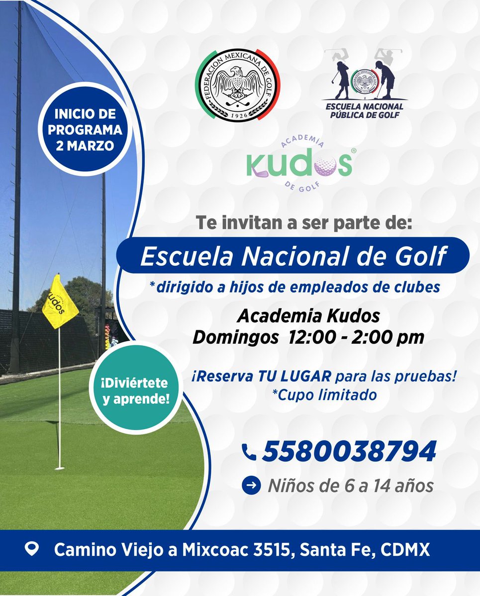 🚨 NO TE LO PIERDAS 🚨

La FMG y la Academia Kudos te invitan a formar parte de la Escuela Nacional de Golf.

#TodosSomosFederación