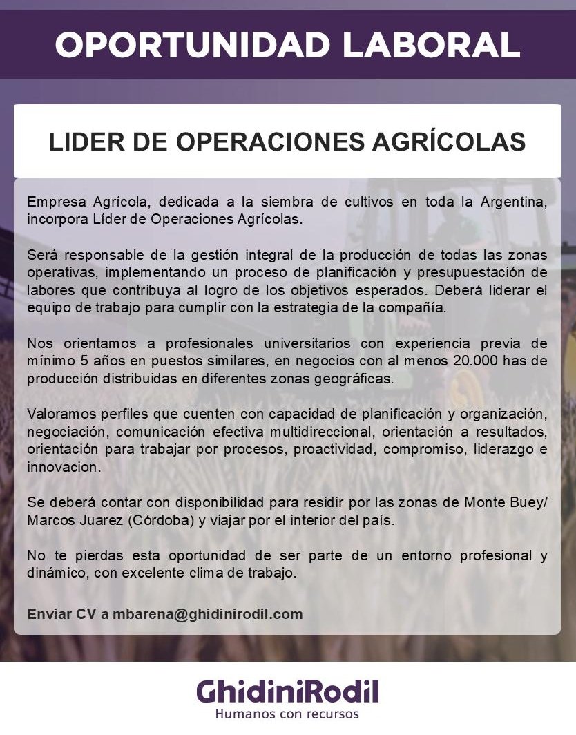JMGhidini's tweet photo. 📢 Oferta de trabajo: Líder Operaciones Agrícolas p/empresa nacional en Córdoba. Más info y postulacion👇. RT a tus colegas del #agro. #empleo https://t.co/wnCDvVQmDh
