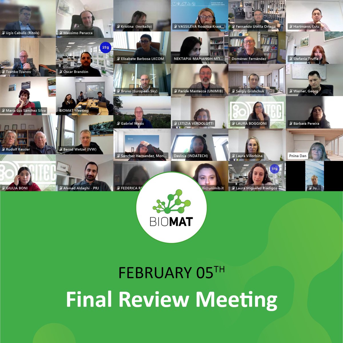 BIOMAT_Project's tweet image. It&apos;s time to look back and be proud of our challenging path to #success.
The #BIOMAT project&apos;s final #review #meeting brought together all the partners to go through the #work developed and #evaluate the #results obtained.
Stay tuned!