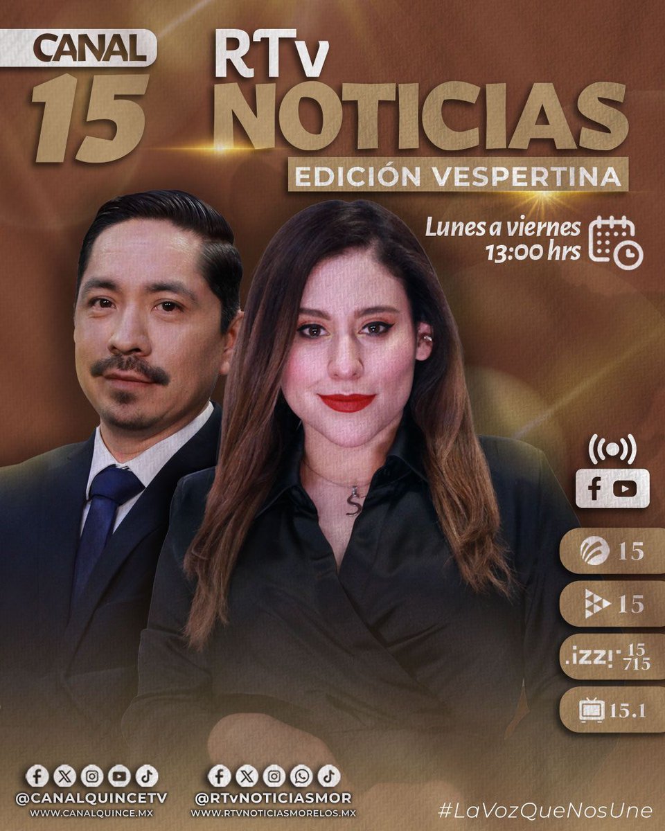 CanalQuinceTV's tweet photo. 🗣️ ¡Hora de la noticia en RTV Noticias Edición Vespertina!

Acompaña a @asofiaocampo y CarloX26 en punto de las 13:00 horas para conocer las noticias más relevantes del día. ¡No te lo puedes perder! 🔥📰

¡Conéctate y mantente informado! 📱 https://t.co/raJxYtd8xC