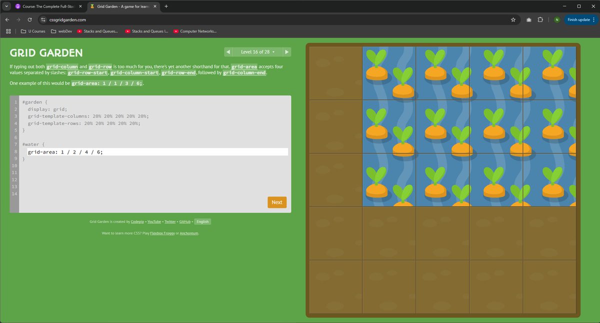 i_nidhinupur's tweet photo. Hello Treasures!👋
#Day13 of my #100DaysOfWebDev journey!✨
Today, to understand the concept of the #CSS_Grid even better, I again took the help of an amazing game called @GridGarden
Wondering about that game? Here it is: https://t.co/Ocx5T6kcKT
See You Soon!🚀🤟
#100DaysOfCode https://t.co/PgJonIZy2d