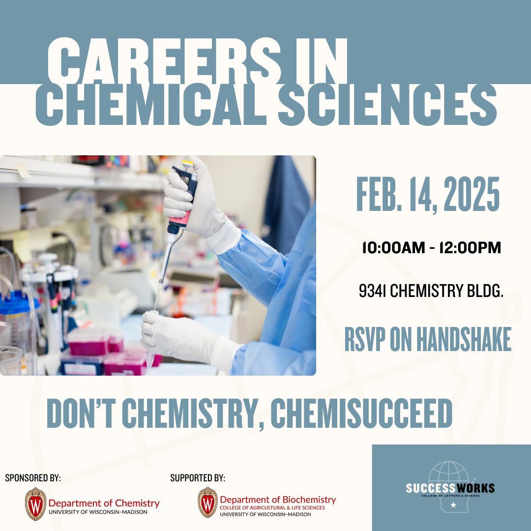 Ask questions about career paths both in and out of the lab at this in-person panel event. Learn from biotech professionals and employers about how to get started using your chemical sciences background.

More info 👀 go.wisc.edu/f2y644