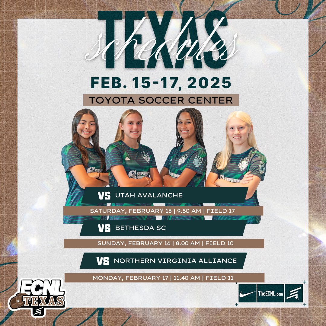 Final preparations for ECNL Texas!

🗓️ 2/15 - Saturday
⏰ 9:50 AM
📍Toyota Soccer Center - Field 17
🆚 Utah Avalanche

🗓️ 2/16 - Sunday
⏰ 8:00 AM
📍Toyota Soccer Center - Field 10
🆚 Bethesda SC

🗓️ 2/17 - Monday
⏰ 11:40 AM
📍Toyota Soccer Center - Field 11
🆚 NVA