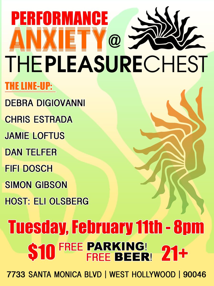 PerformAnxiety's tweet image. TONIGHT! Come to @PleasureChestLA 8pm to see Debra DiGiovanni, @ChrisEstrada85, @jamieloftusHELP, Simon Gibson, Fifi Dosch, Dan Telfer, and @EliOlsberg Free beer, free parking, 15% off purchases! Get tix: thepleasurechest.com/performance-an…