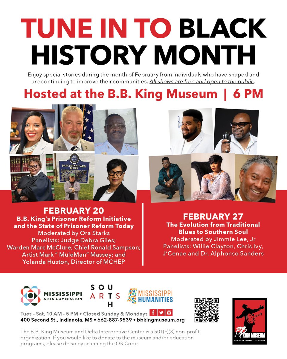 #BlackHistoryMonth programs <a href="/BBKingMuseum/">B.B. King Museum</a> just announced! 🎸 Join us 2️⃣ evenings for insightful panels at 6pm on 2/20 + 2/27. Made possible by <a href="/MSarts/">MS Arts Commission</a> <a href="/southarts/">South Arts</a> <a href="/MSHumanities/">MSHumanities Council</a>