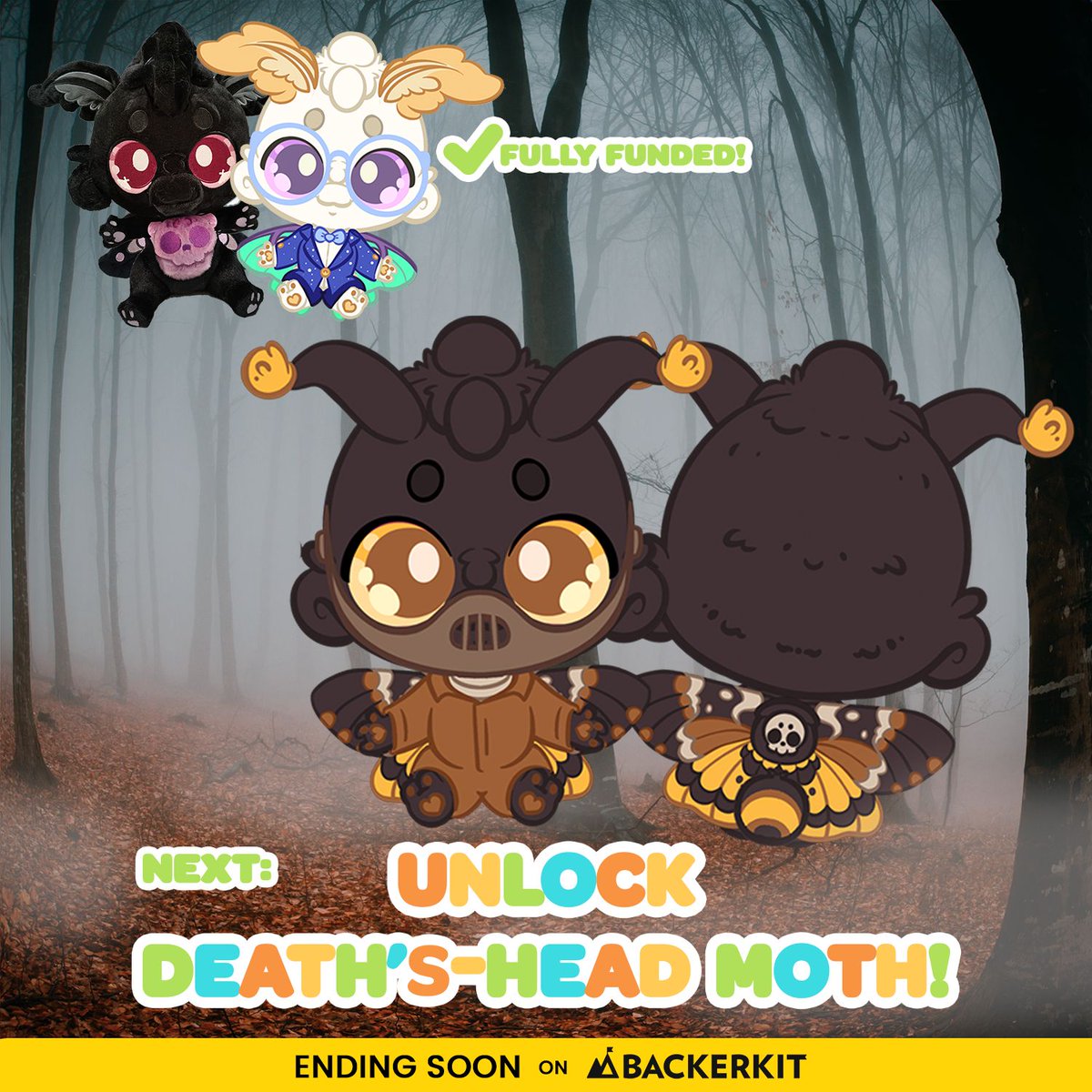 🎉🎊 Just 48 hours left to pledge to the moth plush campaign! 🎊🎉

We just unlocked Laisy Luna moth, and we're on our way to unlocking Dottie Death's-Head! Can we do it before the campaign ends? 👀
~
🔗buff.ly/4gwLj1P 
#Plush #Halloween #DeathHeadHawkmoth
